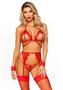 Leg Avenue Eyelash Lace Cage Strap Open Cup Bra With Heart Ring Accent, Garter Belt, G-string Panty And Wrist Cuffs (4 Pieces) - O/s - Red